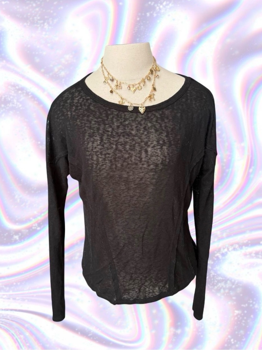 Bozzolo Black Sheer Long-Sleeve Relaxed Crewneck Top